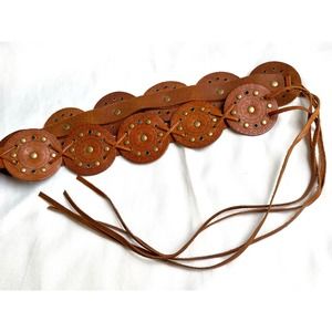 VINTAGE Belt BOHO LEATHER MEDALLION Concho TASSLE lEATHER Hippie BELT J13